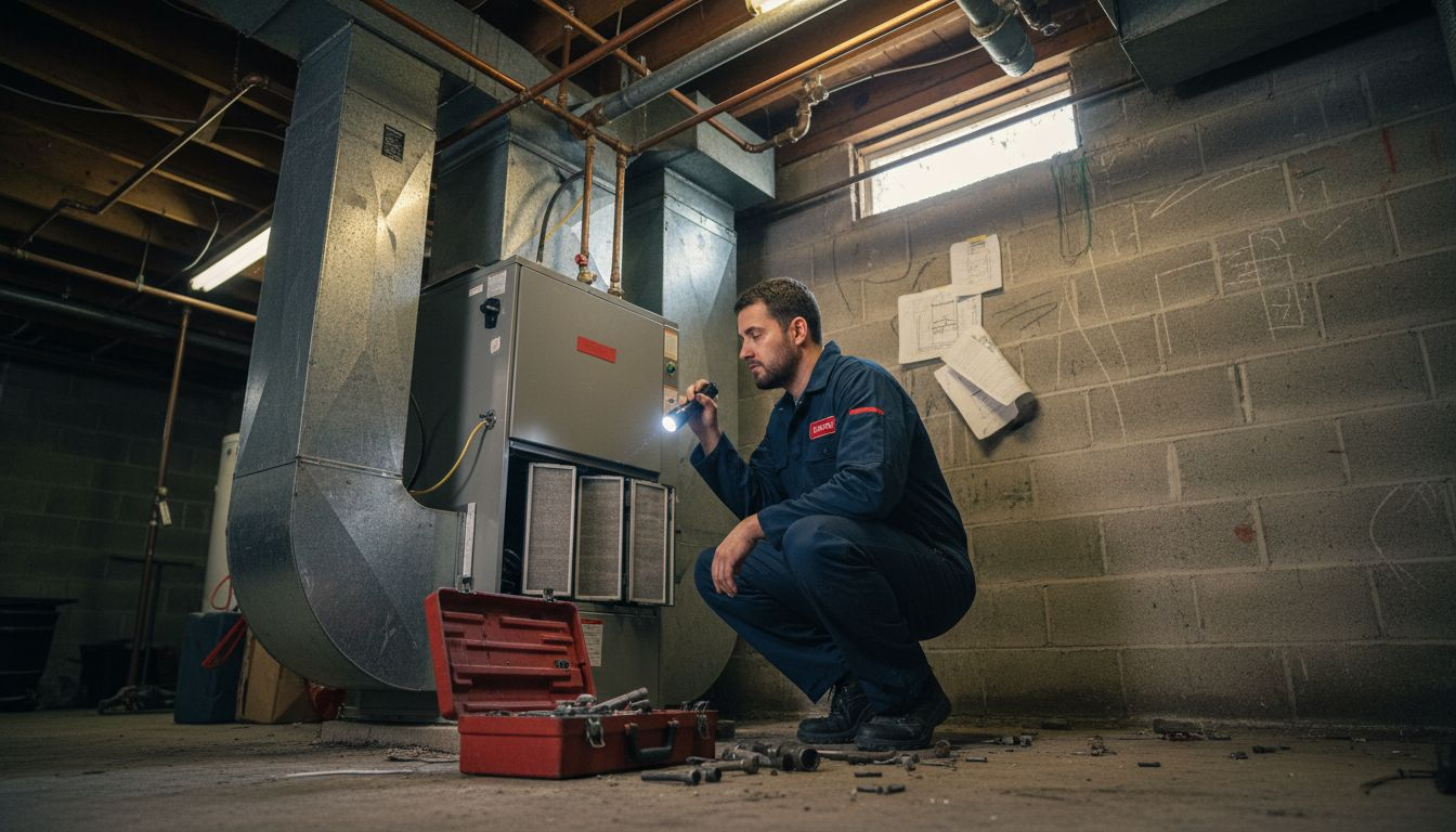 Technician inspecting furnace in home basement