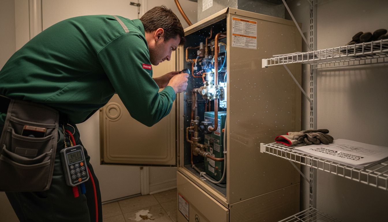 Specialist inspecting furnace with flashlight