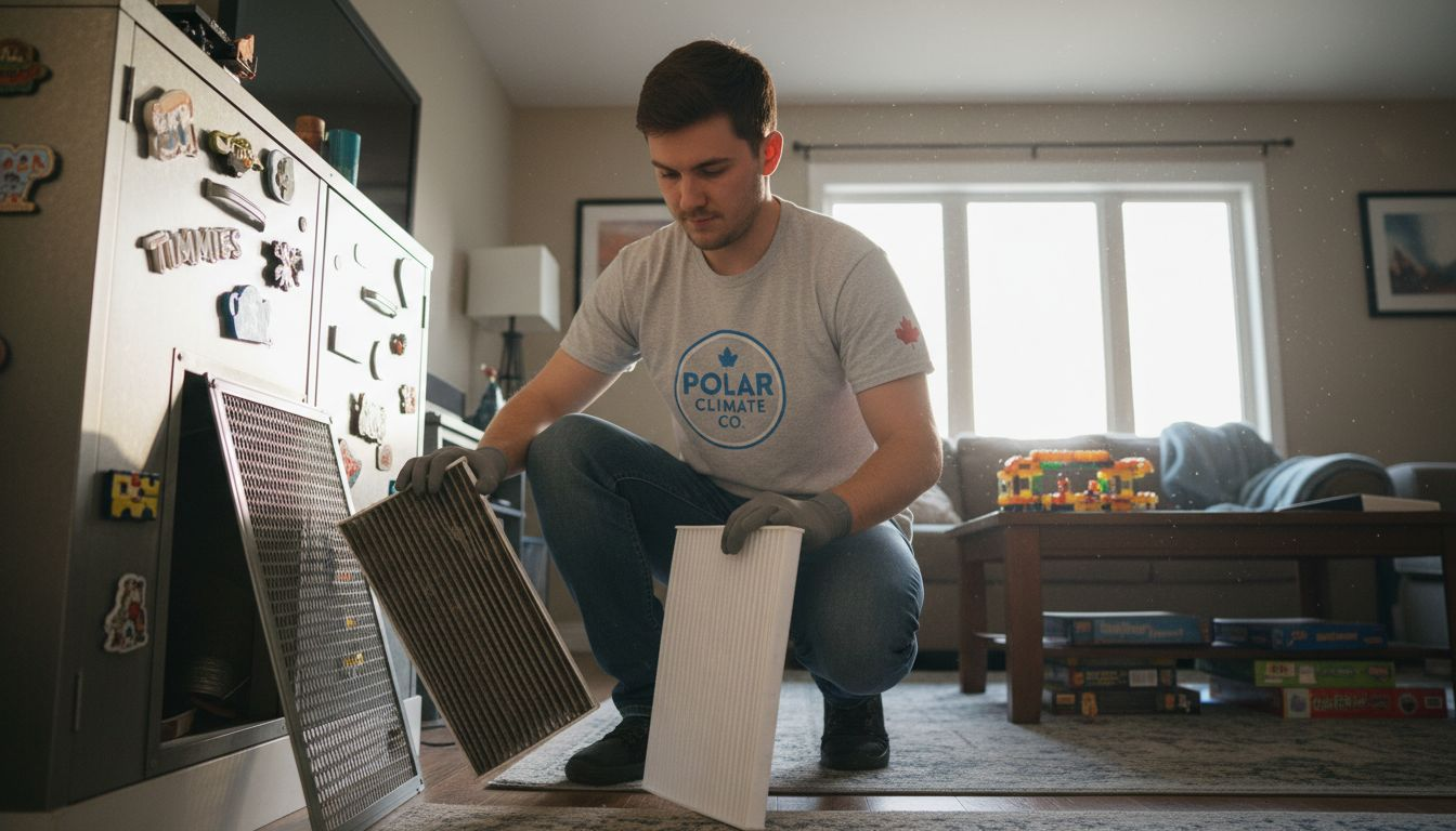 Technician compares dirty and clean HVAC filters