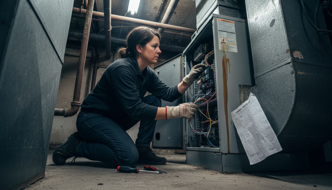 Technician inspects inside HVAC furnace panel