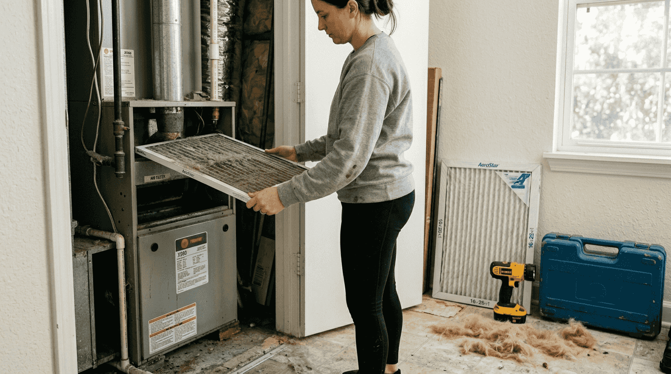 Woman changing furnace air filter in home