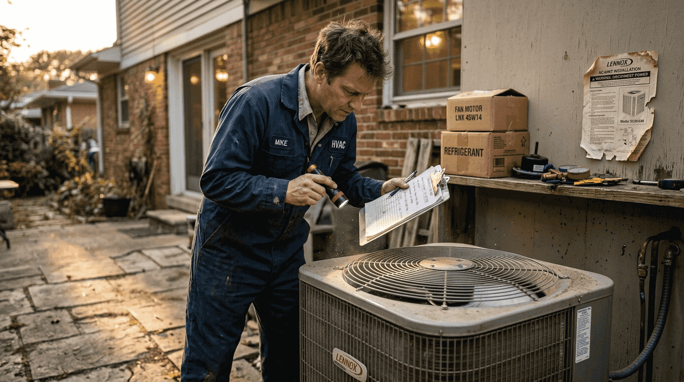 Technician inspecting air conditioner for faults