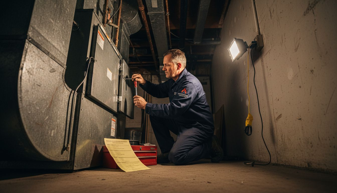 Technician performs HVAC maintenance in basement