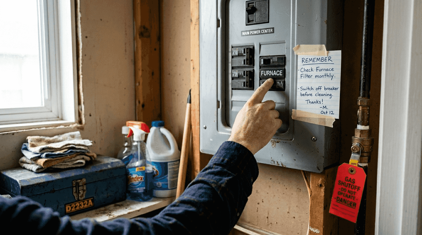 Hand switching off furnace breaker and gas valve