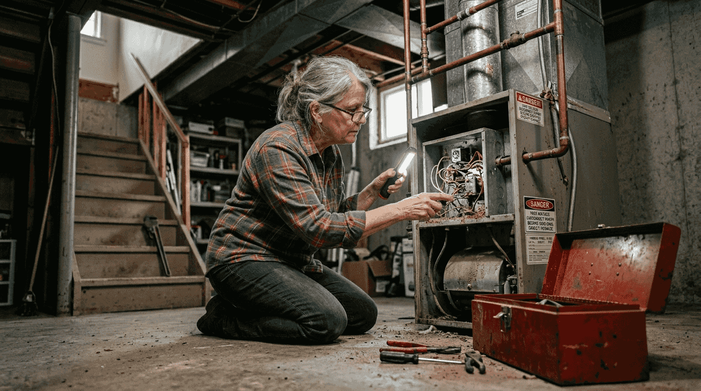 Homeowner inspecting furnace electrical panel