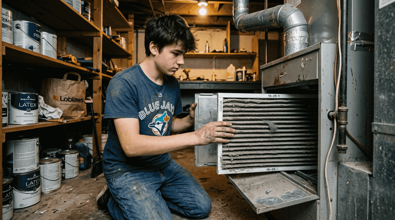 Replacing dirty air filter in basement HVAC unit