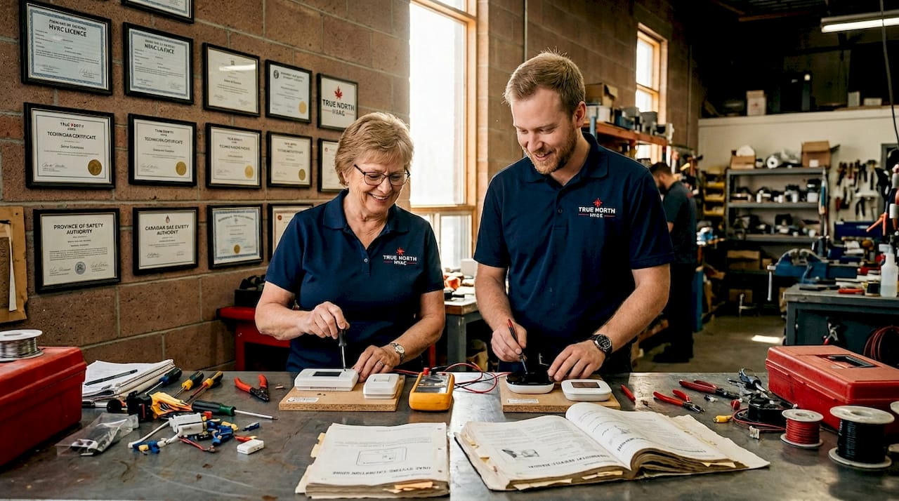 HVAC owners calibrating tools in workshop