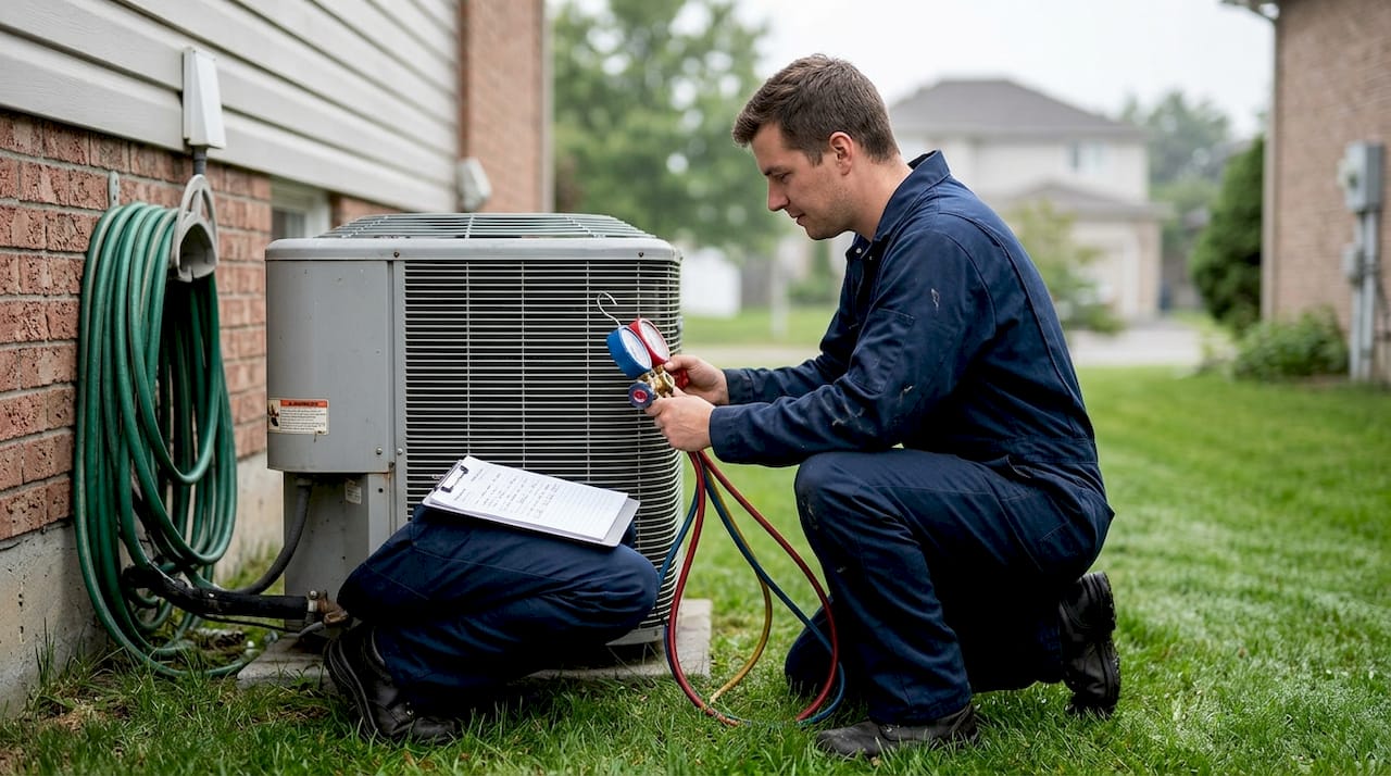 Technician working on air conditioner outdoors