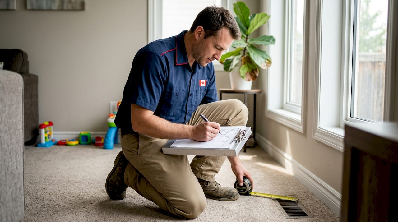 HVAC technician measuring floor vent in living room