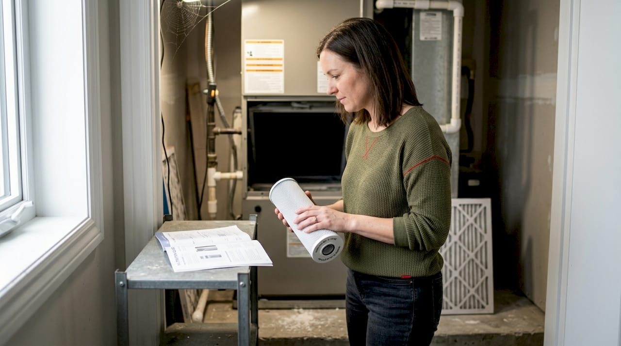 Woman checking air conditioner filter in closet