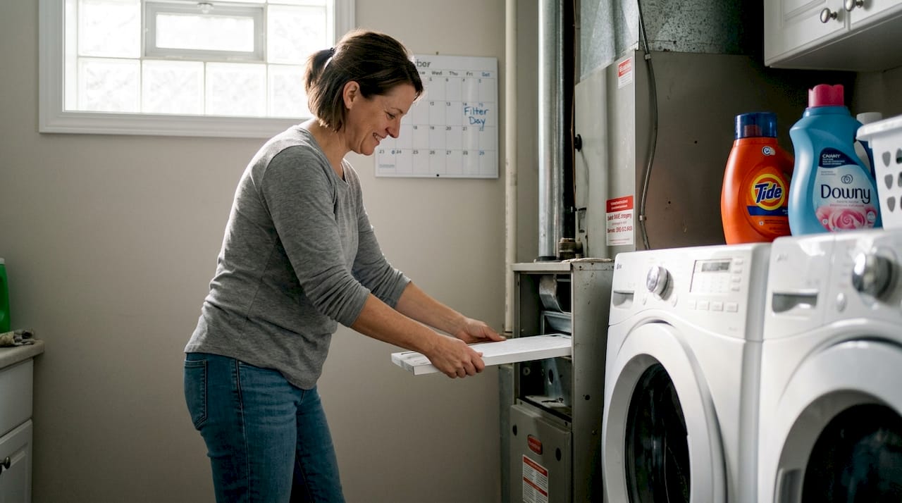Woman changing home furnace filter