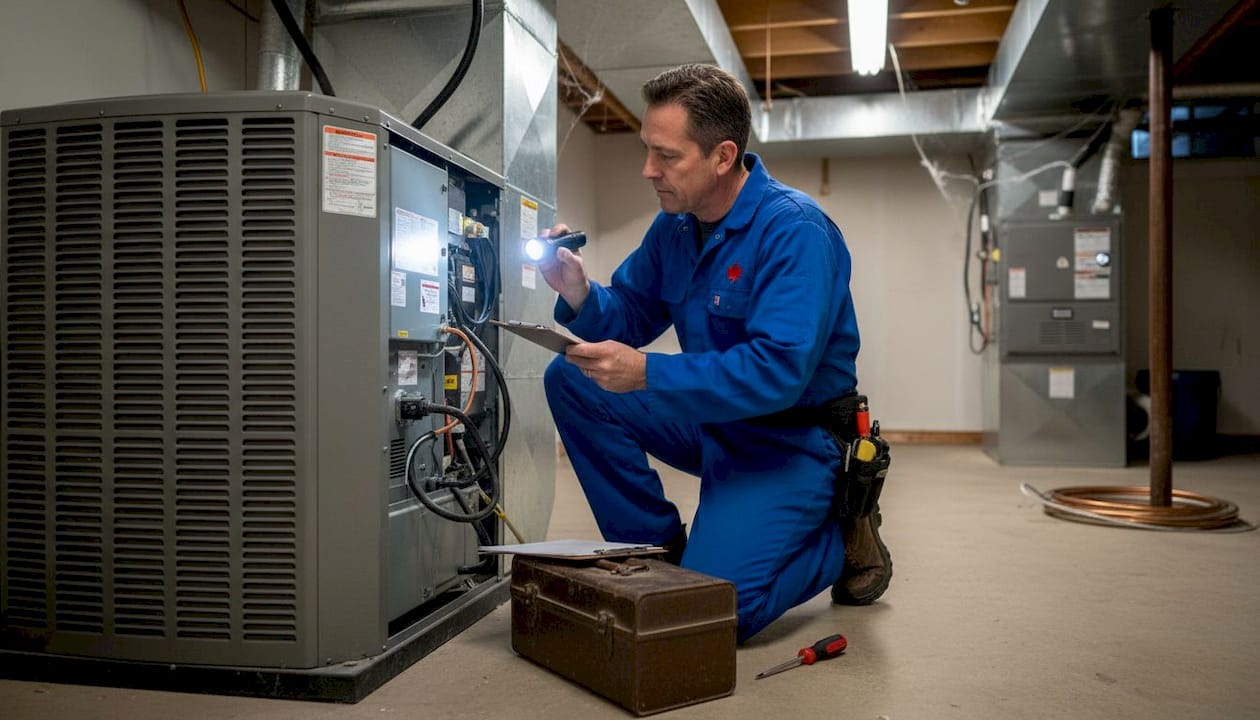 HVAC technician adjusting central air unit