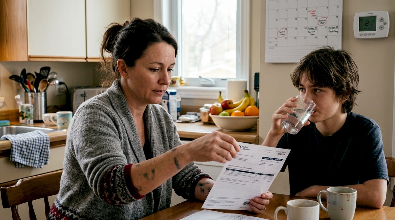 Mother reviews lower energy bill in kitchen