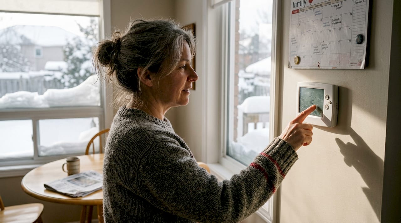 Woman checking smart thermostat during winter
