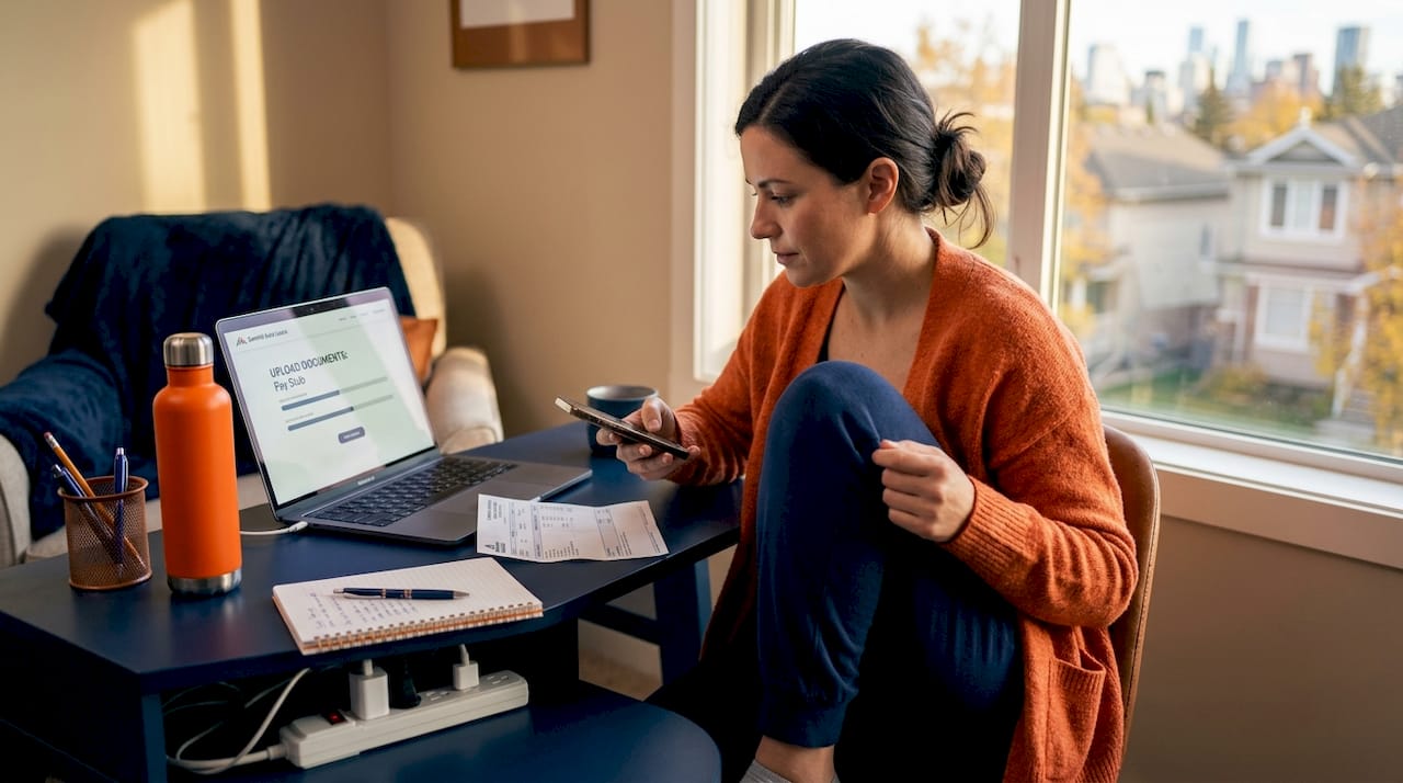 Woman uploading pay stub during loan application