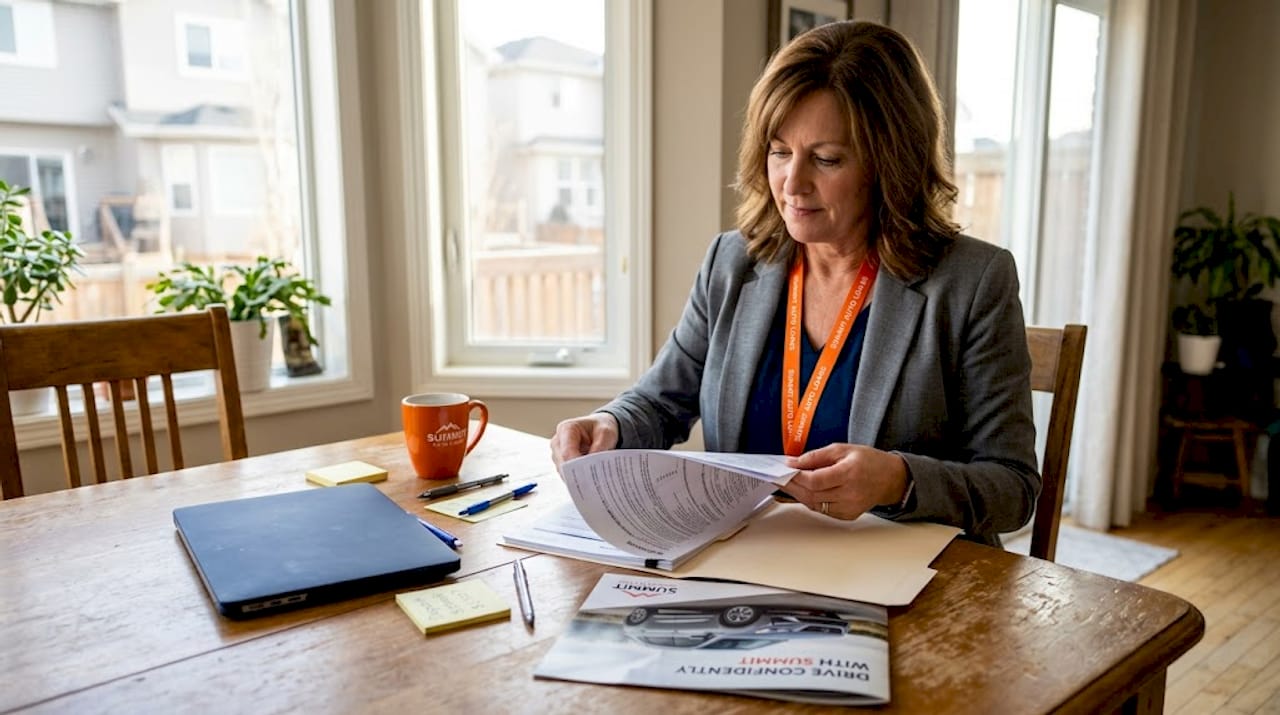 Woman sorting auto loan documents at home table
