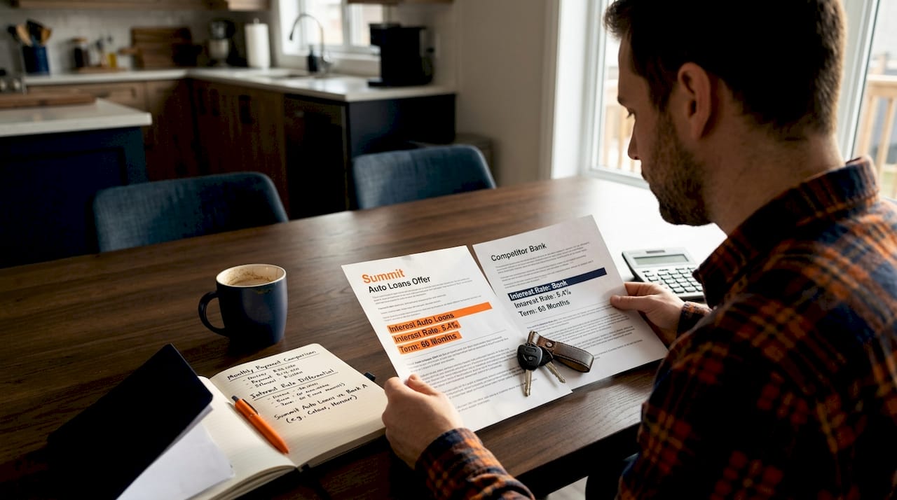 Man comparing car loan offers at kitchen table