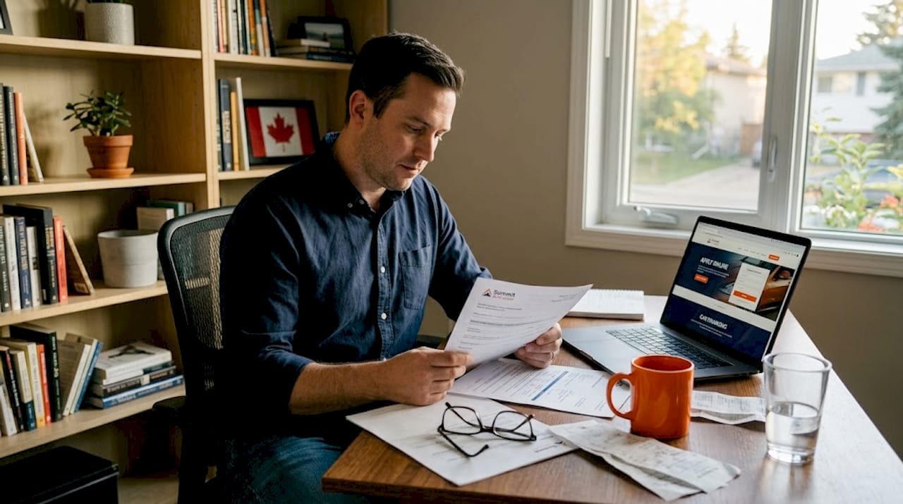 Person reviewing auto loan paperwork in home office