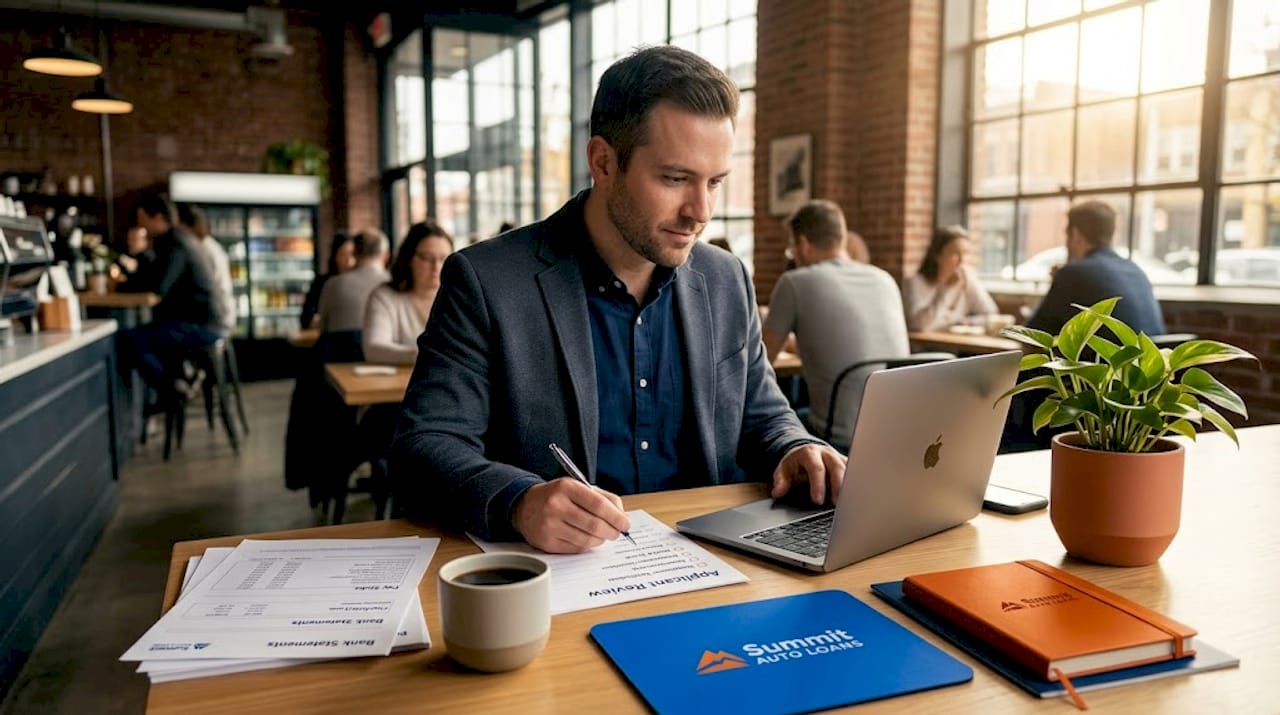 Bank officer reviews car loan application at desk
