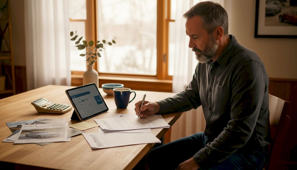 Man reviewing auto loan documents at kitchen table