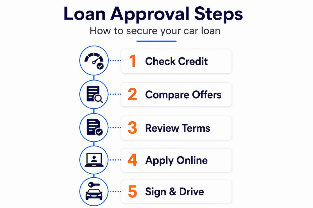 Vertical infographic showing auto loan approval steps