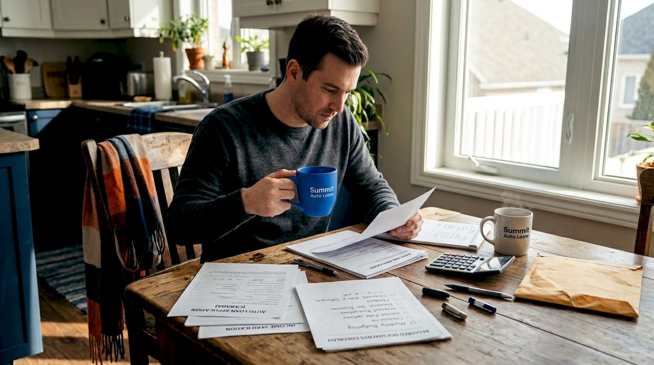 Man sorting documents at kitchen table