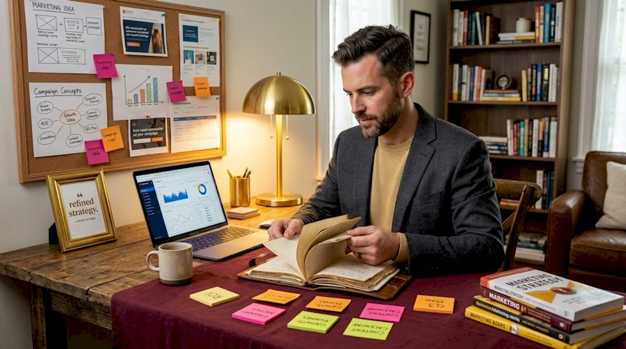 Marketer reviewing strategies at messy desk