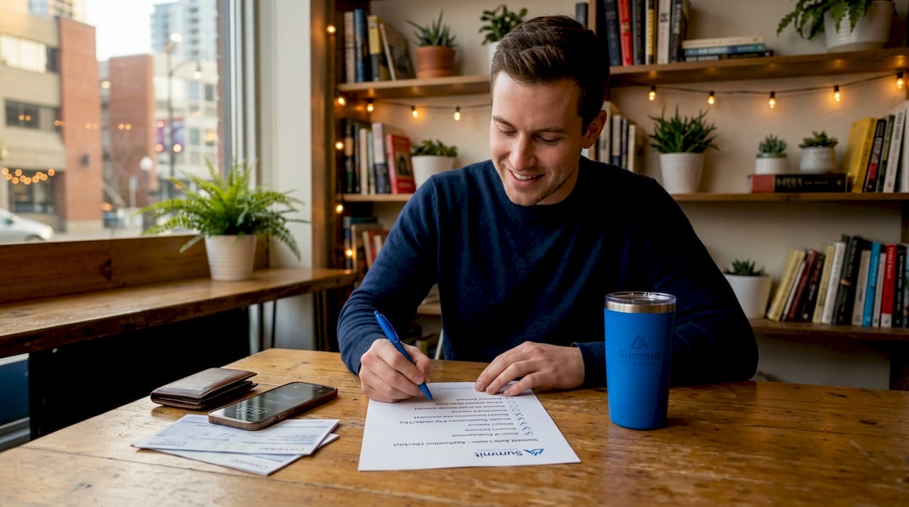Man organizing documents at kitchen table for car loan