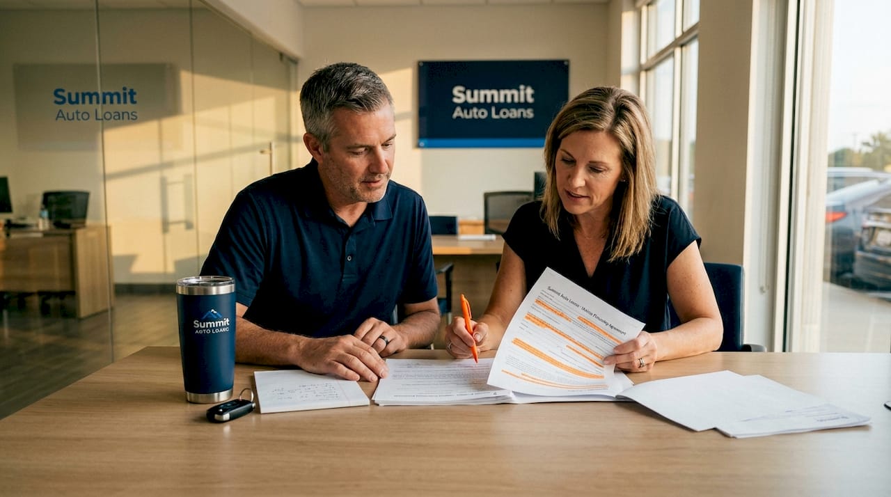 Pair reviewing car loan paperwork in dealership office