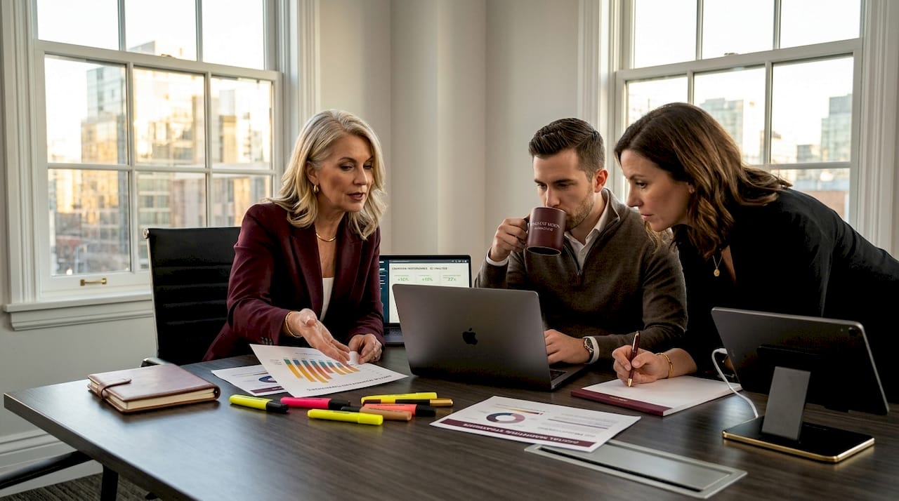 Team reviewing digital marketing channel options