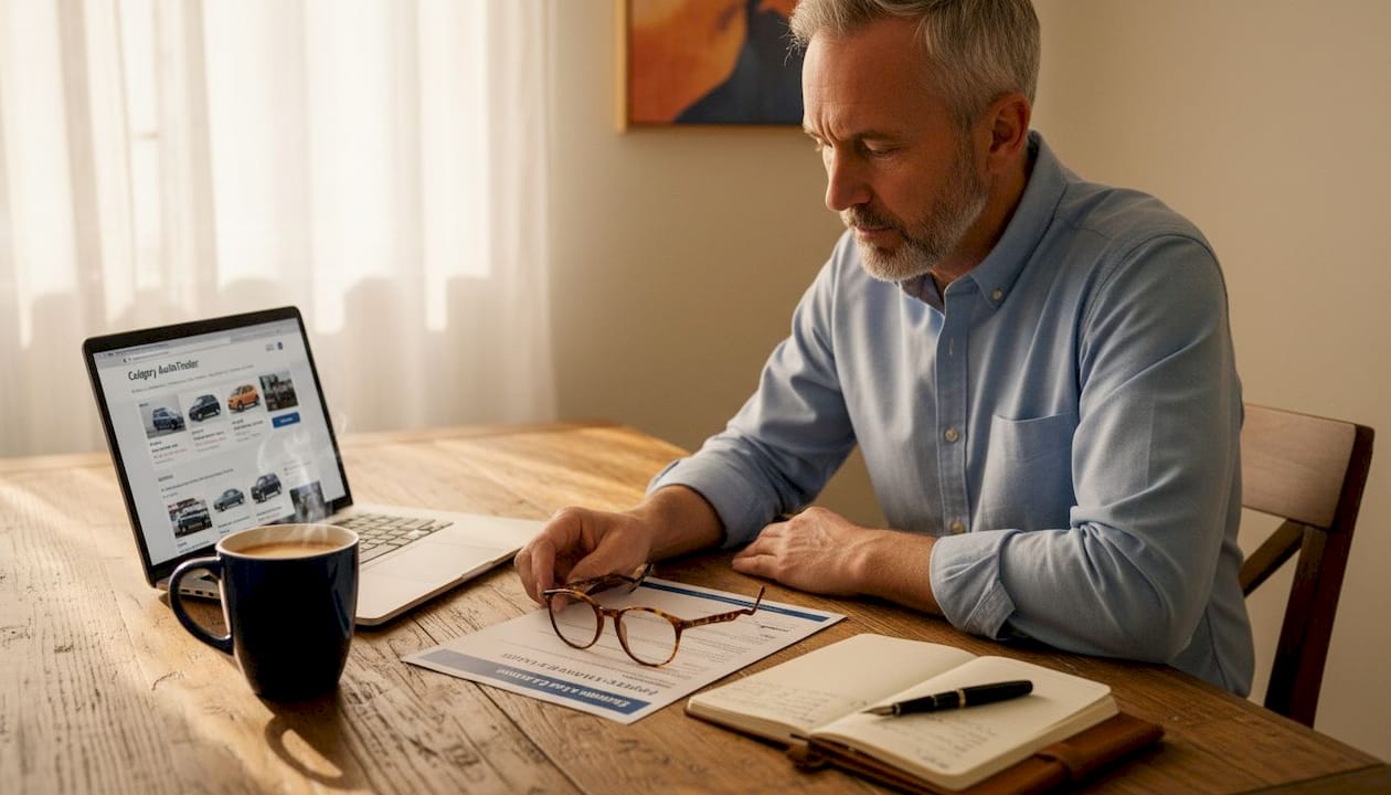 Man reviews auto loan pre-approval at kitchen table
