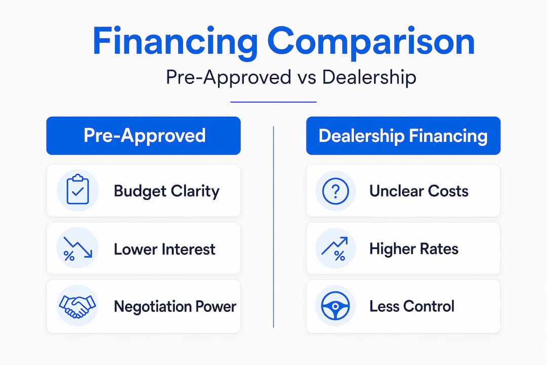 Infographic comparing pre-approved and dealership car financing