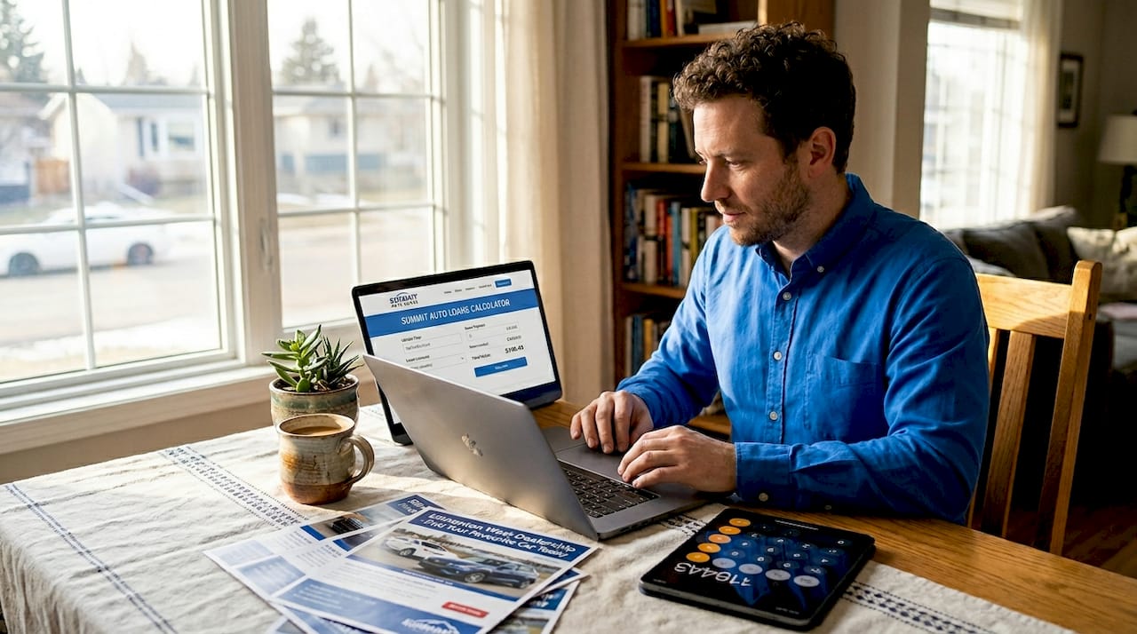 Man using loan calculator at kitchen table