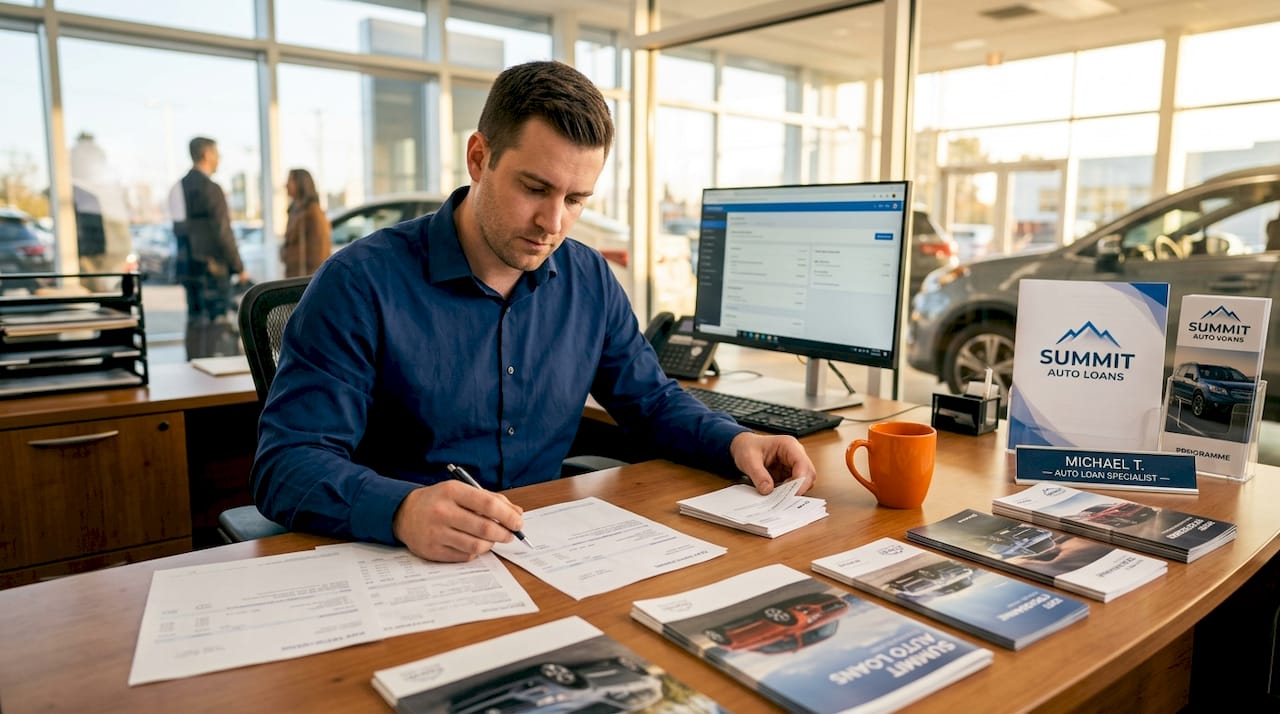Auto loan agent reviewing documents in dealership office