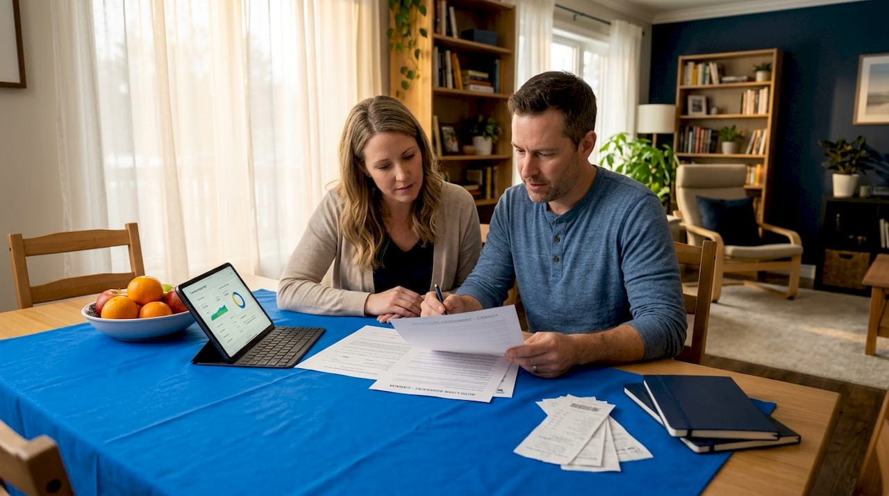 Couple reviews auto loan paperwork at kitchen table