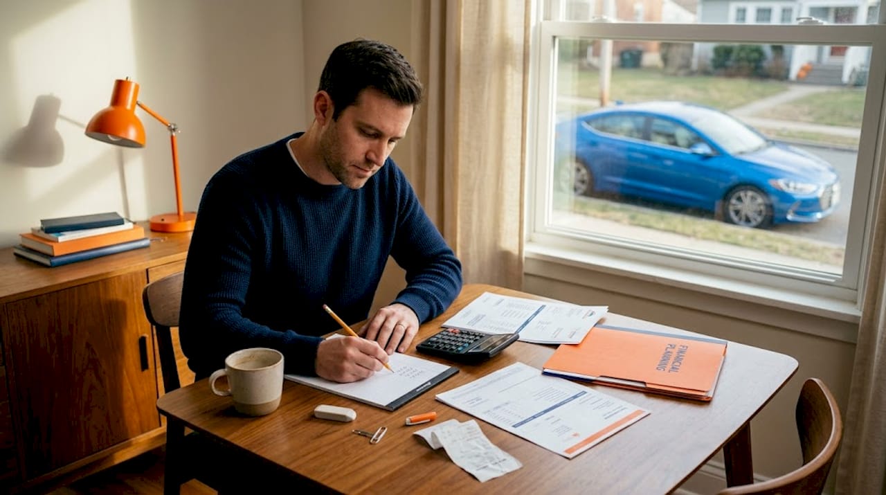 Man calculating auto ownership costs at kitchen table