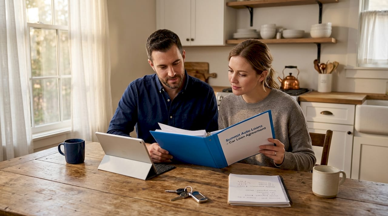 Couple reviews car loan documents at kitchen table