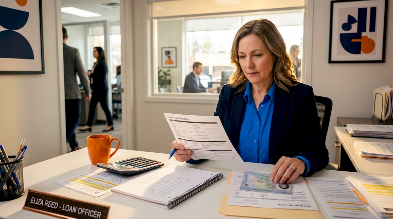 Loan officer reviews vehicle pre-approval documents at desk