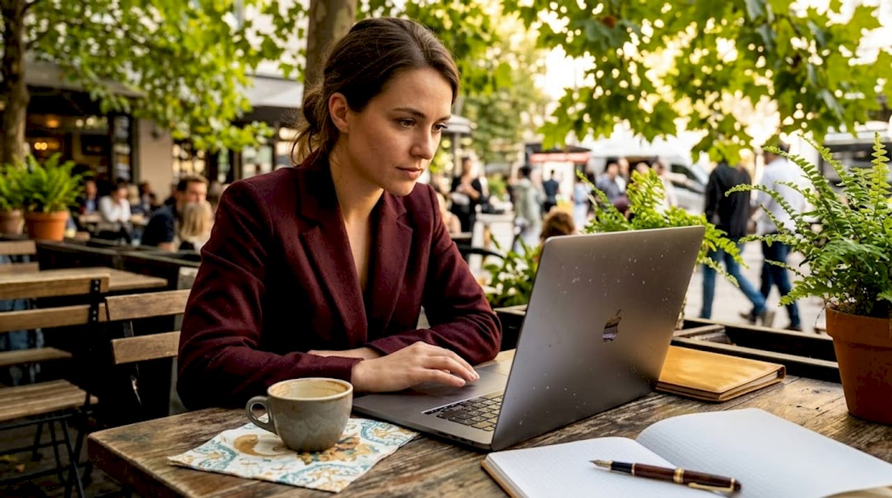 Professional user evaluating website in café