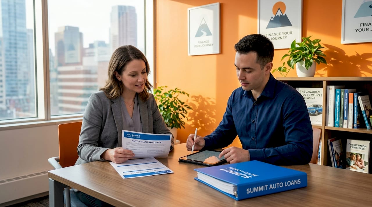 Loan officer and client reviewing car loan offer