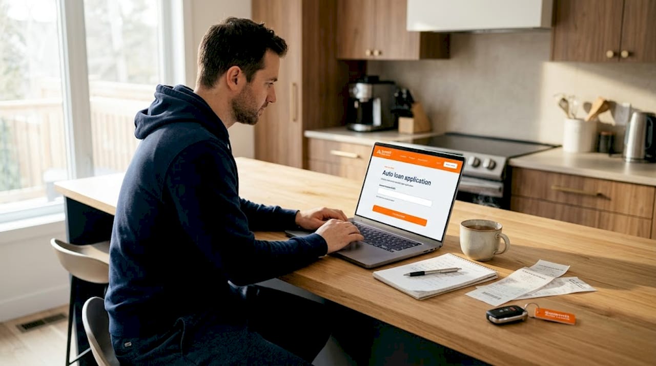 Man applying for auto loan on laptop at home kitchen counter