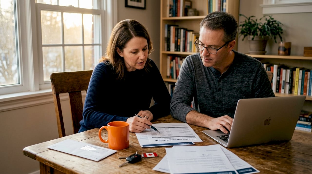 Couple reviewing car loan paperwork at kitchen table
