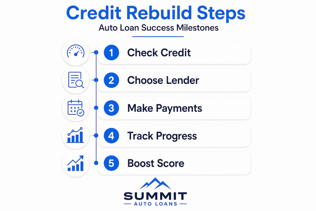 Infographic showing steps to rebuild credit with a car loan