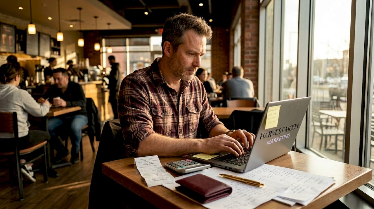 Analyst calculating ad spend at workspace