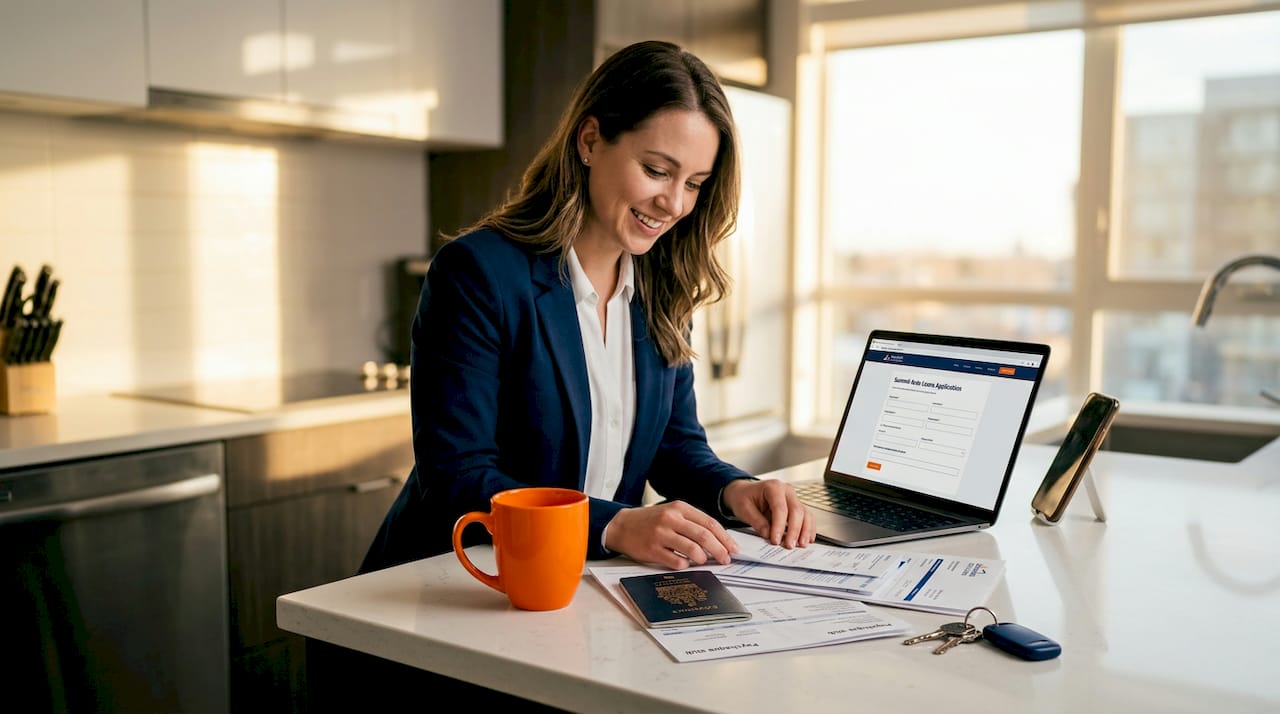 Woman organizing documents for car loan application at home table
