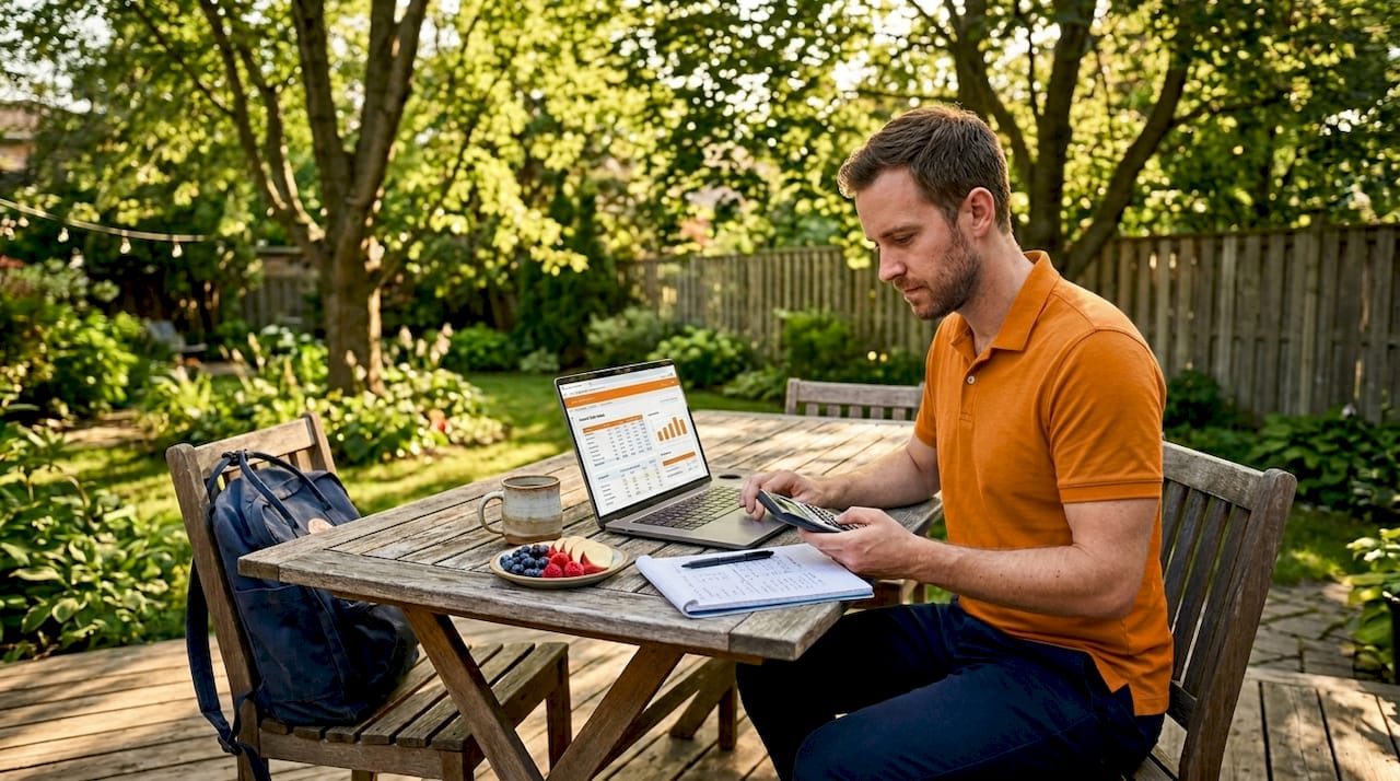 Man calculating car loan costs at kitchen table