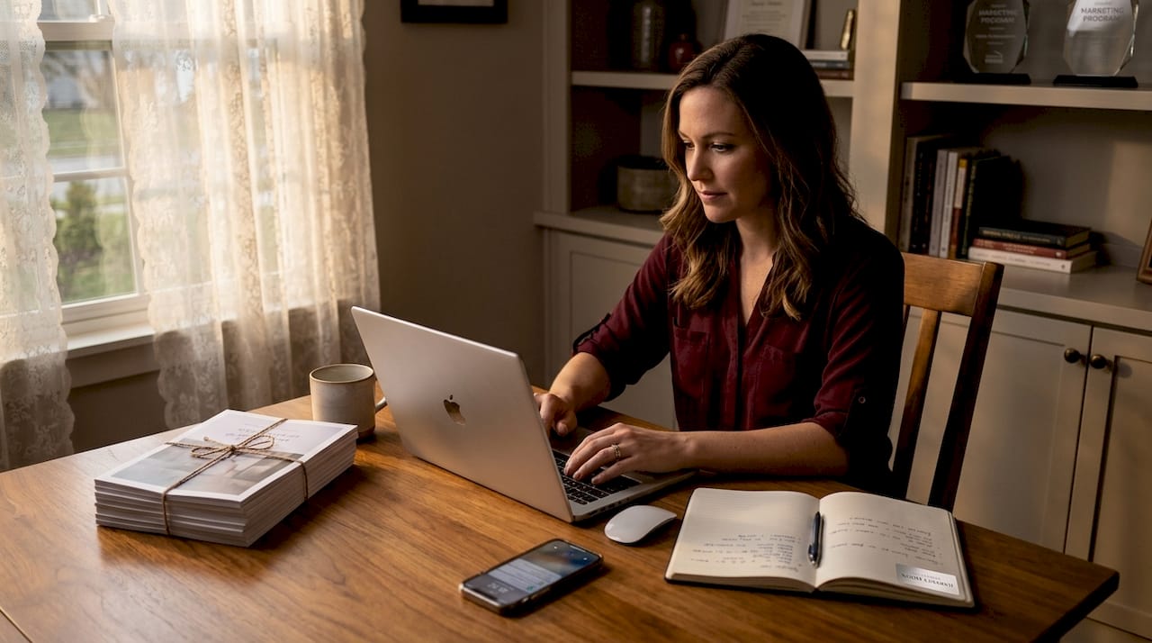 Marketer sending guide in bright, casual home office