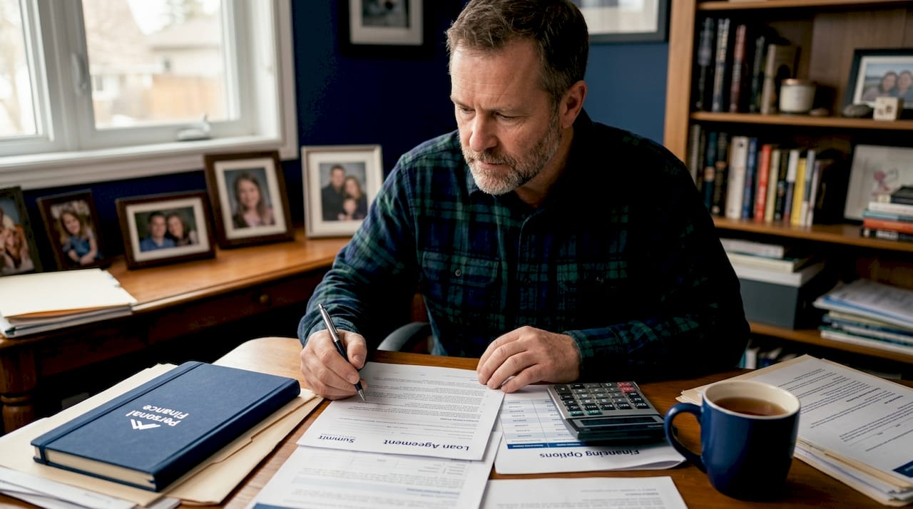 Borrower reviewing car loan documents at home