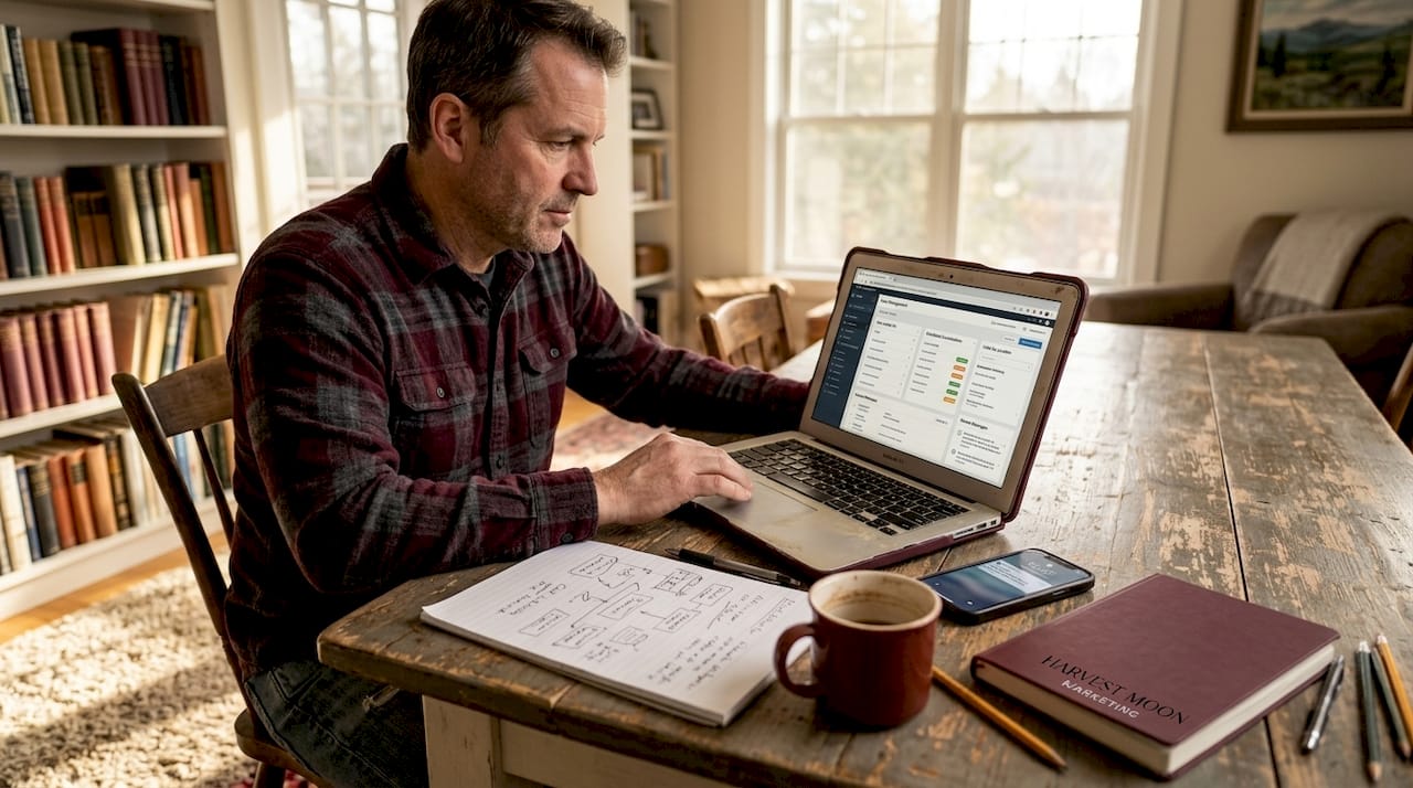 Home service owner managing leads on laptop