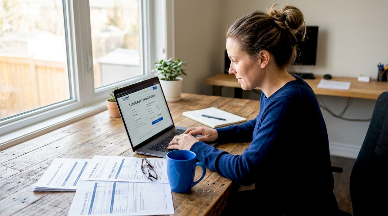Person calculating auto loan at home office desk